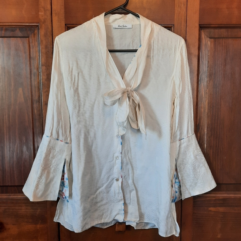 Robert Graham Silk Bamboo Blend Cream Neck-tie Bell Sleeve Blouse Size Small